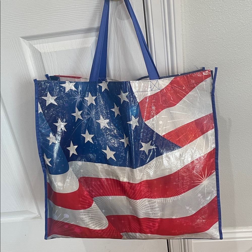 Old time pottery Large Patriotic American Flag Tote Bag large red, white blue